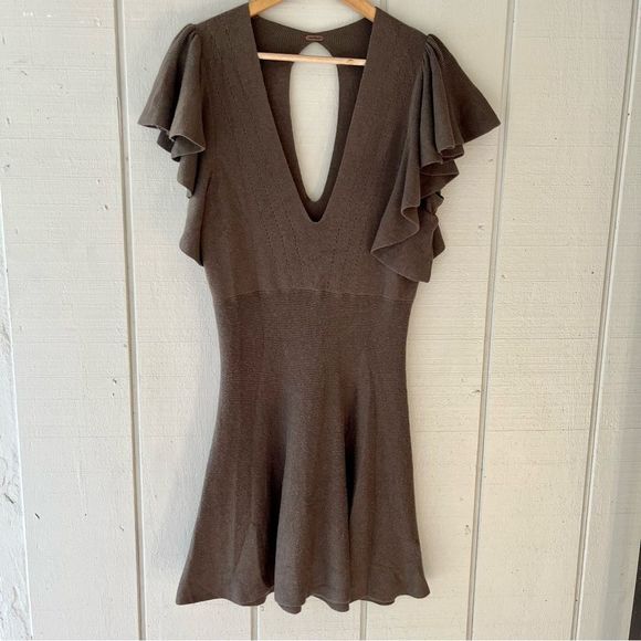 FREE PEOPLE Cozy Nights Sweater Mini Dress with Flutter Sleeves in Dark Grey Siz - Picture 2 of 7